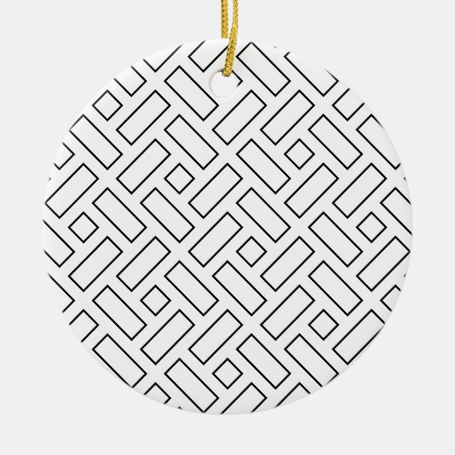 Black and White Linear Block Pattern - White Ceramic Tree Decoration (Front)