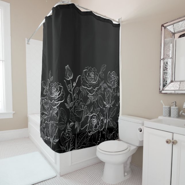 Black and White Lineart Roses Shower Curtain (In Situ)