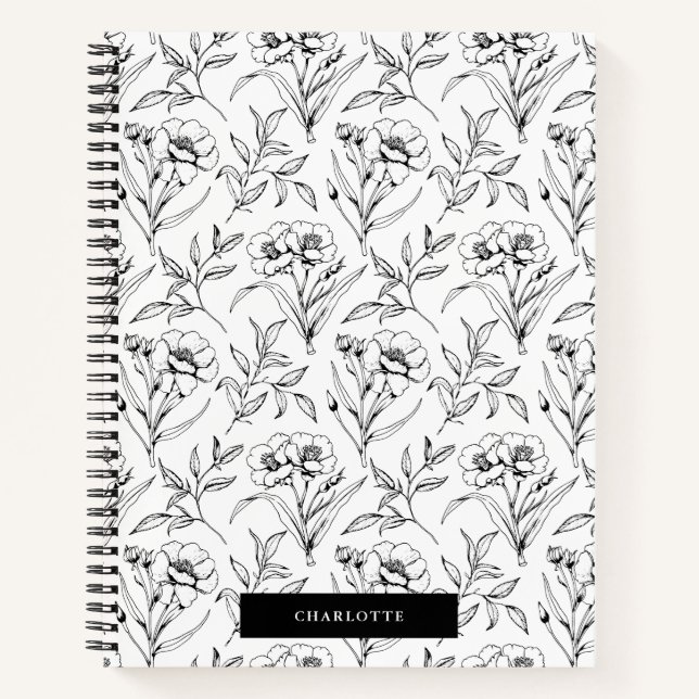 Black and White Lined Florals Notebook (Front)