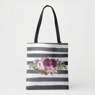 Black and White Lines and Floral Tote Bag