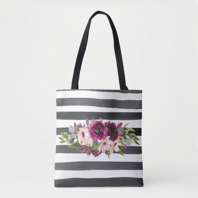 Black and White Lines and Floral Tote Bag (Front)