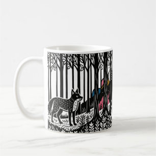 Black-and-White Linocut Fox in Forest – Nature-Ins Coffee Mug