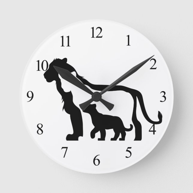 Black and White Lions Round Clock (Front)