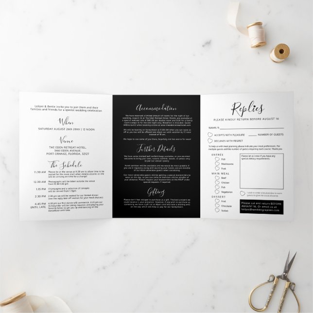 Black and white little heart wedding all-in-one Tri-Fold invitation (Inside)