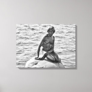 Black and White Little Mermaid Statue Canvas Print
