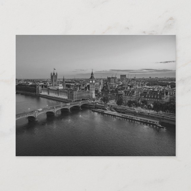 Black and White London Aerial View at Sunset Postcard (Front)