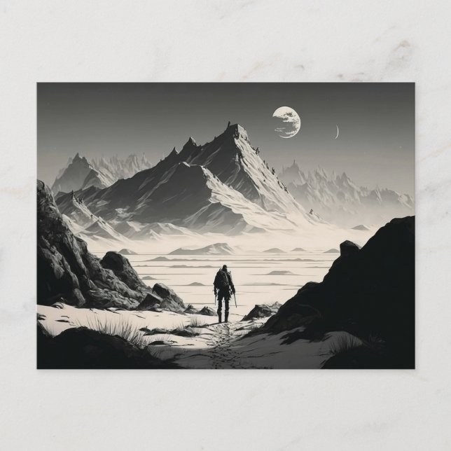 Black and White Lone Hiker in the Desert Mountains Postcard (Front)