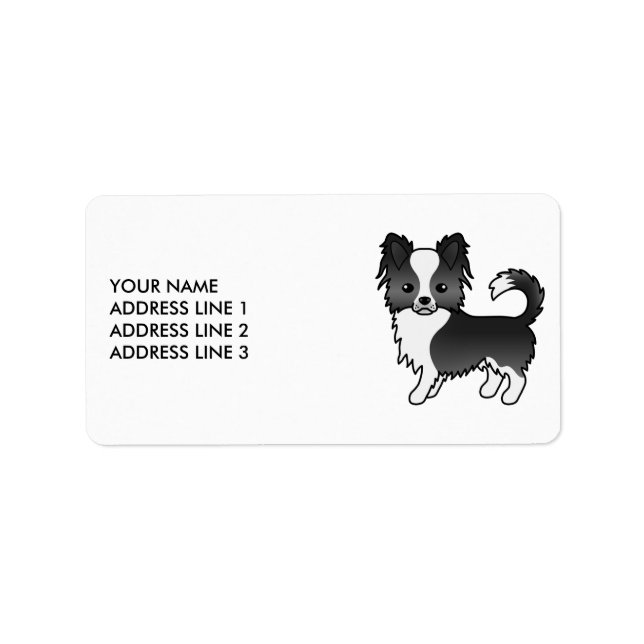 Black And White Long Coat Chihuahua Cartoon Dog Label (Front)