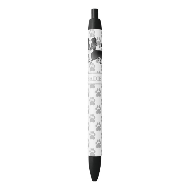 Black And White Long Coat Chihuahua Dog & Name Ink Pen (Front Vertical)