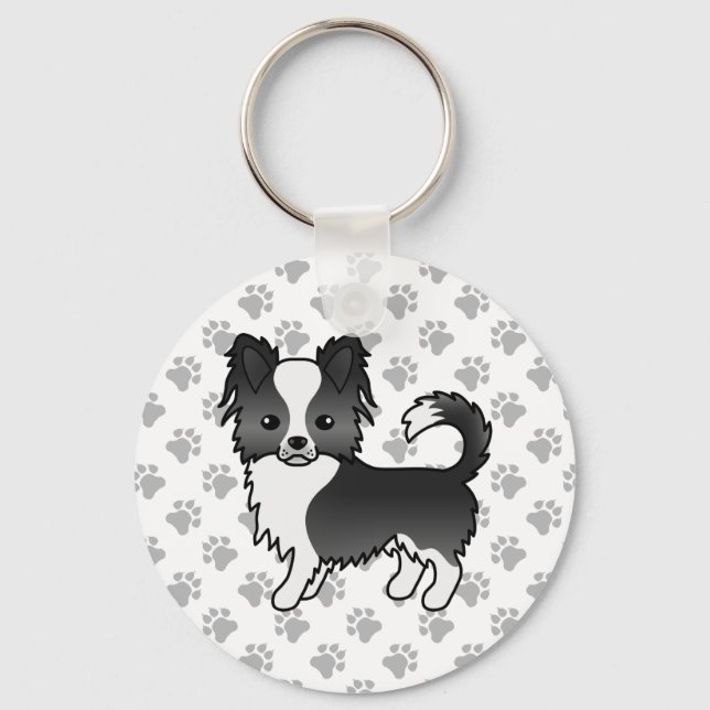 Black And White Long Coat Chihuahua Dog & Paws Key Ring (Front)