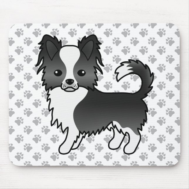 Black And White Long Coat Chihuahua Dog & Paws Mouse Mat (Front)
