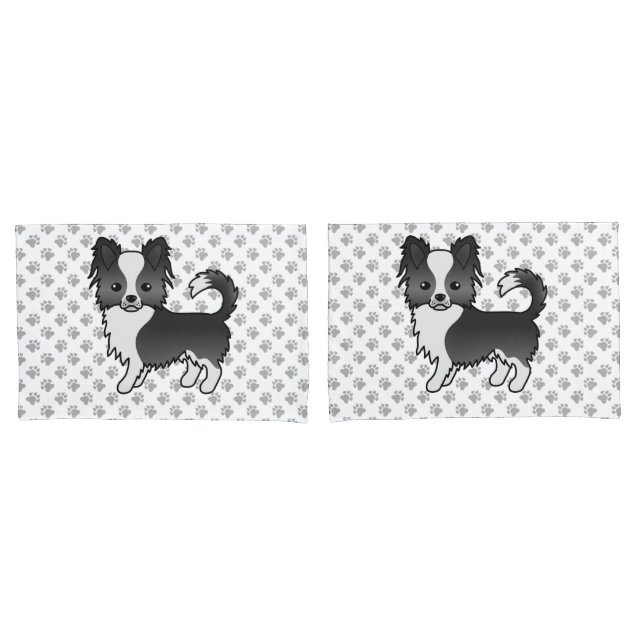 Black And White Long Coat Chihuahua Dog & Paws Pillowcase (Front-Set)