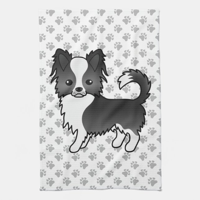 Black And White Long Coat Chihuahua Dog & Paws Tea Towel (Vertical)