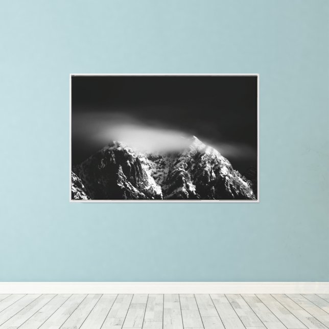 Black and white long exposure clouds over mountain canvas print (Insitu(Wood Floor))