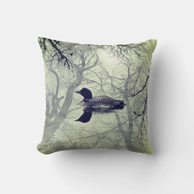 Black and white loon on a lake decor pillow (Front)