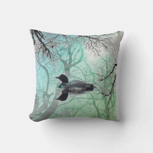 Black and white loon on a lake decor pillow green (Front)