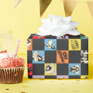 Black and White LOONEY TUNES™ in Colorful Checker Wrapping Paper