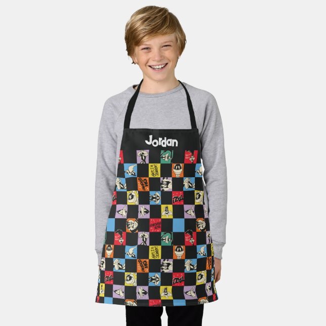 Black and White LOONEY TUNES™ in Colourful Chequer Apron (Worn)