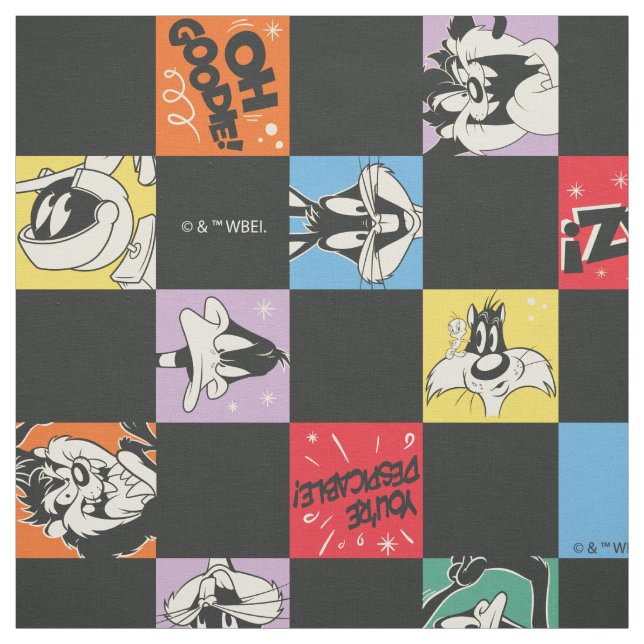 Black and White LOONEY TUNES™ in Colourful Chequer Fabric (Swatch)