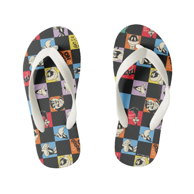 Black and White LOONEY TUNES™ in Colourful Chequer Kid's Flip Flops (Footbed)