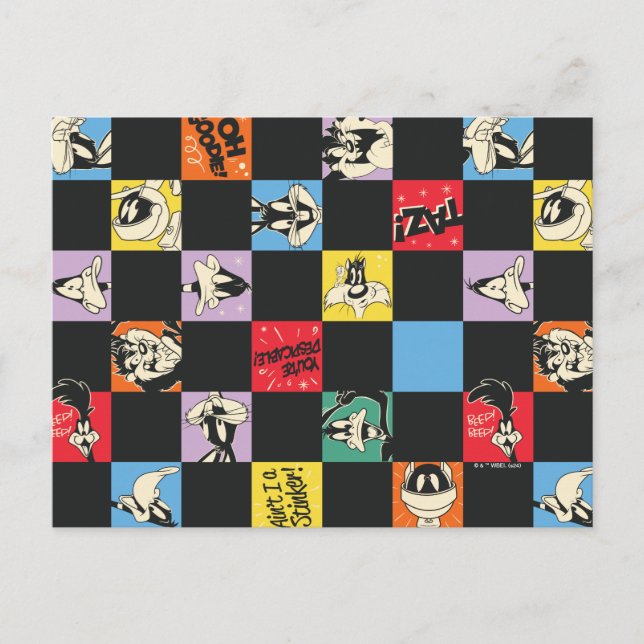 Black and White LOONEY TUNES™ in Colourful Chequer Postcard (Front)