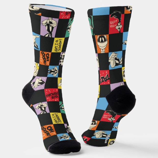 Black and White LOONEY TUNES™ in Colourful Chequer Socks (Angled)