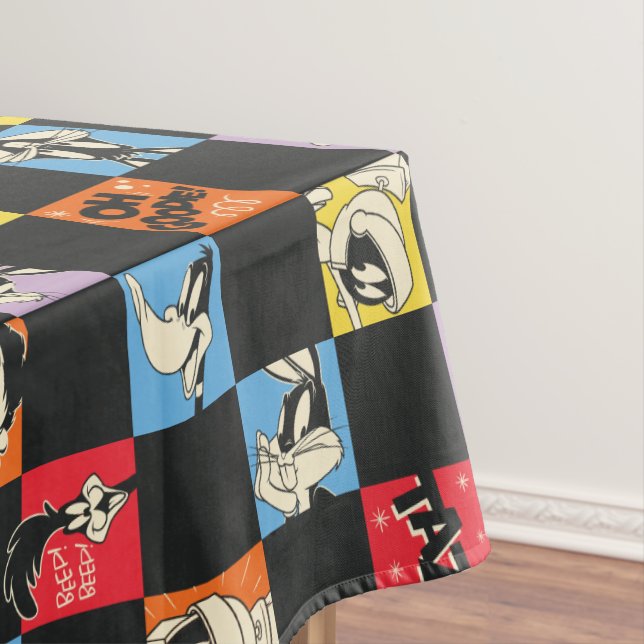 Black and White LOONEY TUNES™ in Colourful Chequer Tablecloth (In Situ)