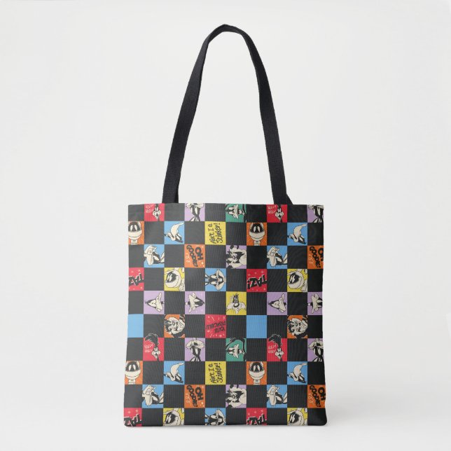 Black and White LOONEY TUNES™ in Colourful Chequer Tote Bag (Front)