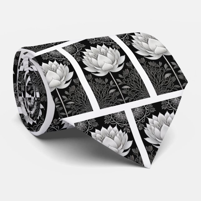 Black and White Lotus Pattern Tie (Rolled)