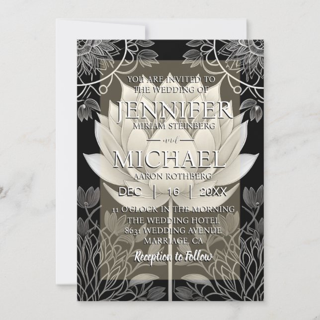 Black and White Lotus Wedding Invitations (Front)