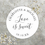 Black And White Love Is Sweet Wedding Favour  Classic Round Sticker<br><div class="desc">Black and white wedding favour love is sweet classic round sticker. Designed by Thisisnotme©</div>