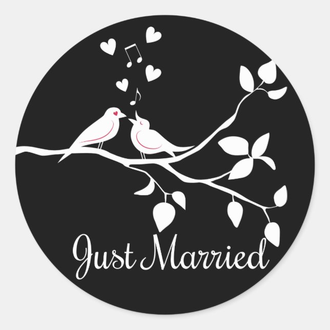 Black and White Lovebirds Just Married Wedding Classic Round Sticker (Front)