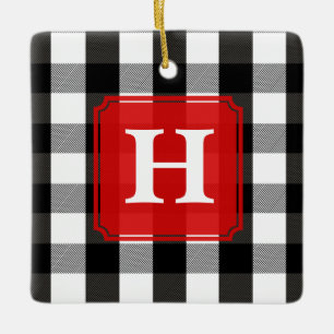 Black and White Lumberjack Plaid Monogram Ceramic Tree Decoration