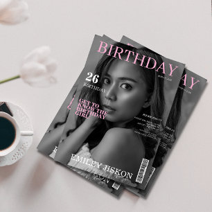 Black and white magazine cover photo 26th birthday invitation