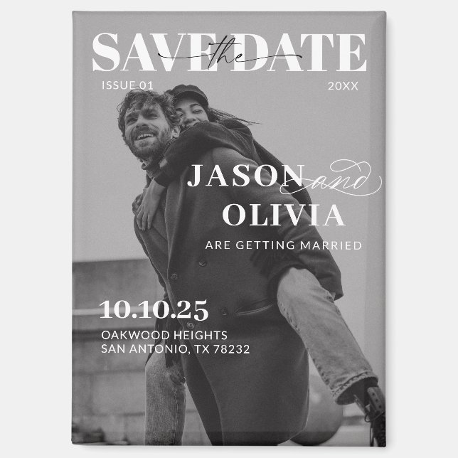 Black and White Magazine Cover Photo Wedding Magnet (Front)