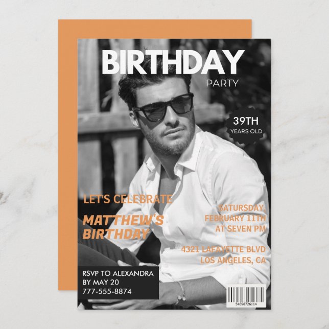 Black and white Magazine Editorial 39th birthday Invitation (Front/Back)