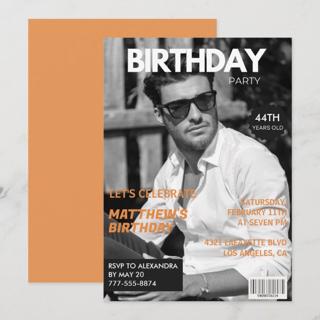 Black and white Magazine Editorial 44th birthday Invitation (Front/Back)