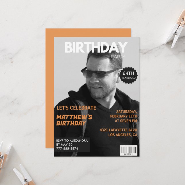 Black and white Magazine Editorial 64th birthday Invitation (Front/Back In Situ)