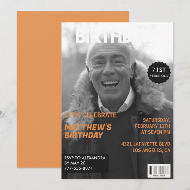 Black and white Magazine Editorial 71st birthday Invitation (Front/Back)