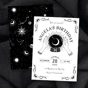 Black and white magic moon crystal ball birthday  invitation