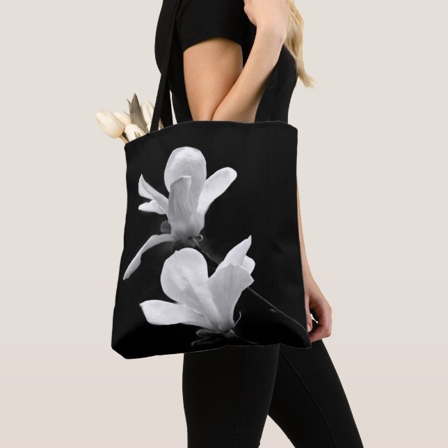 Black and White Magnolia Tote Bag (Close Up)