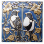 Black and white Magpie Art Nouveau Art Deco Birds Tile<br><div class="desc">art nouveau magpie birds, art deco vintage antique, stylish glamourous bird magpies, classy classic white blue gold, wildlife animal animals, traditional retro 1920s painting, painted 20s ceramic tile, navy dark blue, beautiful garden birds in nature, european british english birds</div>