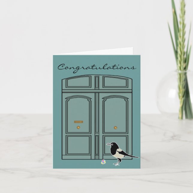 Black and white Magpie by turquoise french doors Card (Front)