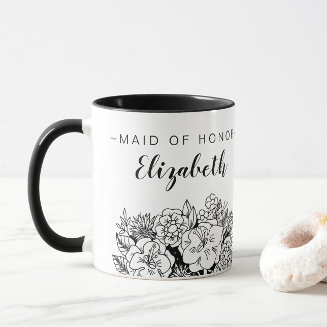 Black and White MAID OF HONOR Bouquet with Name Mug (With Donut)