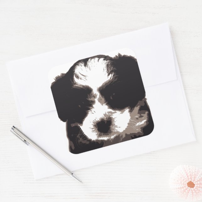 Black and White Maltese Puppy Dog Square Sticker (Envelope)