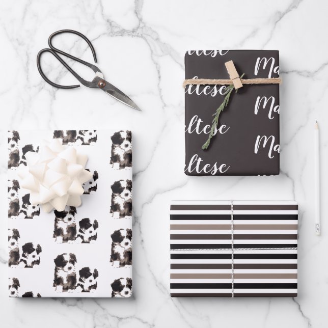 Black and White Maltese Puppy Dog Wrapping Paper Sheet (Front)