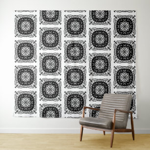 Black and White Mandala Floral Pattern Tapestry