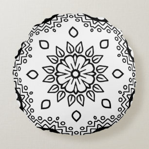 Black and White Mandala Frame Pattern Round Cushion