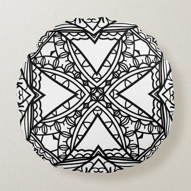 Black and White Mandala Frame Pattern  Round Cushion (Front)