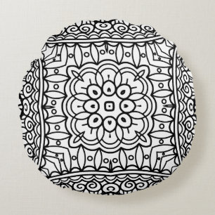 Black and White Mandala Frame Pattern Round Cushion